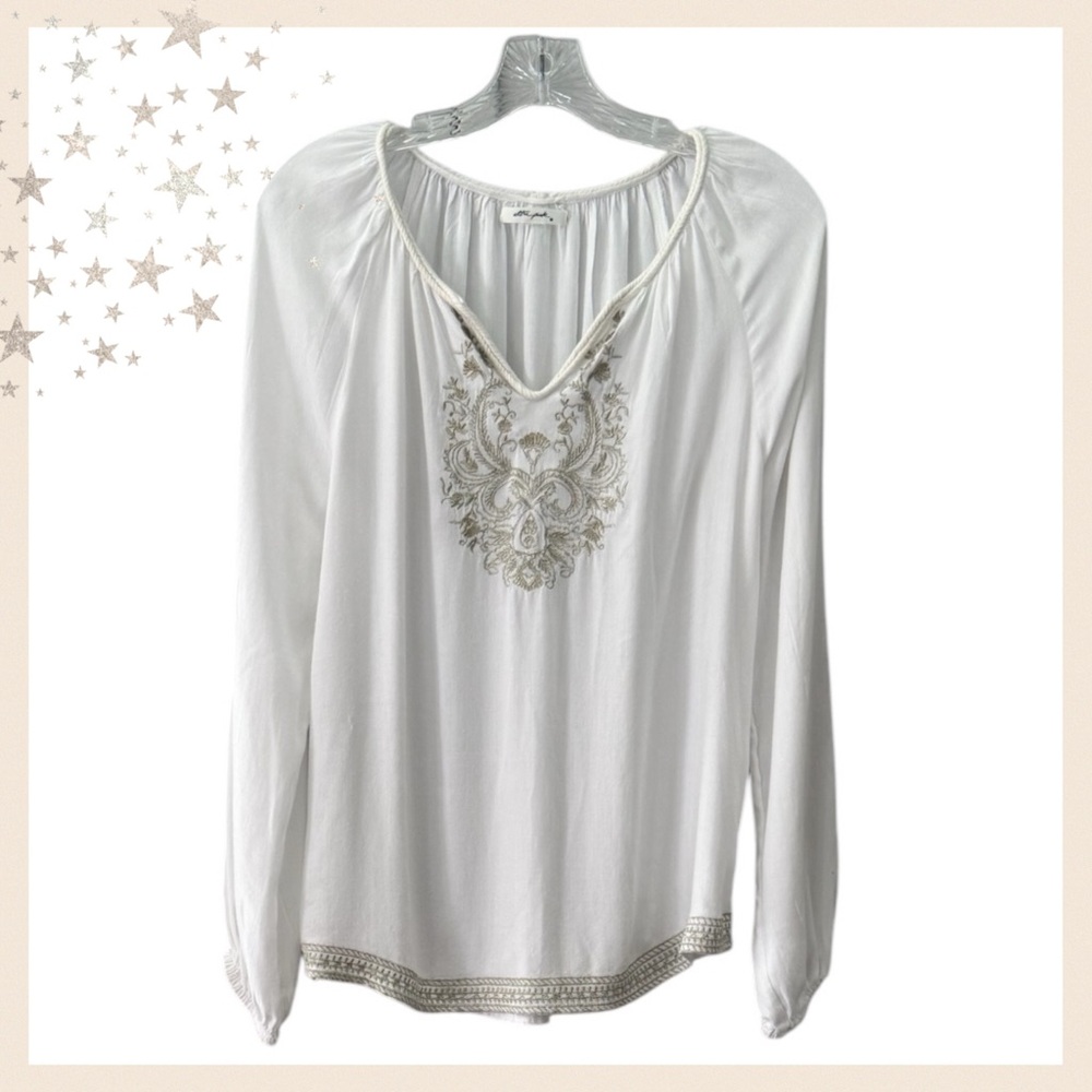Ultra Pink Gold Thread Embroidered Long Sleeve Blouse in Cream